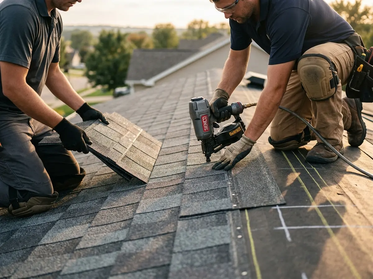 Professional roofer working on a residential roof in Fort Meade